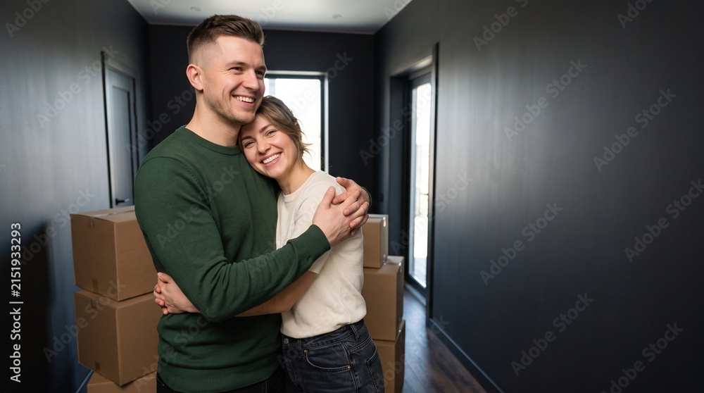 Fototapeta premium Happy young couple embracing in hallway with cardboard moving boxes in new home. Caucasian husband and wife celebrating mortgage approval real estate property investment house relocation.