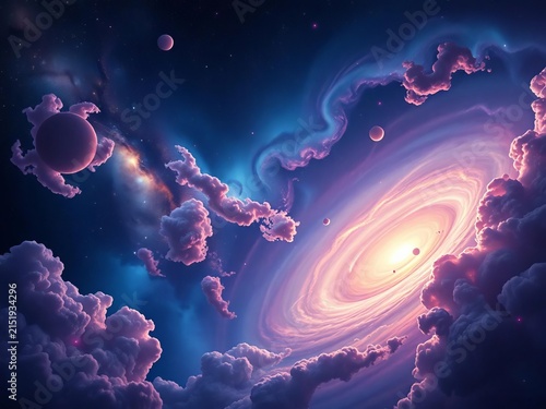 Cosmic vista featuring swirling clouds of interstellar gas, stars, and galaxies, astronomy, astronomical