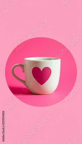 Cute ceramic coffee mug with pink heart symbol on circular background, daily pick-me-up, ceramic design