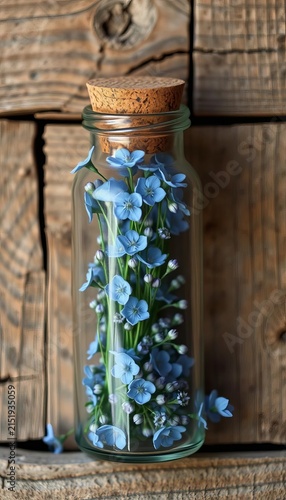 Delicate blue wildflowers nestled in tiny glass jar, topped with a rustic cork stopper, set against weathered wooden planks, wood, blue