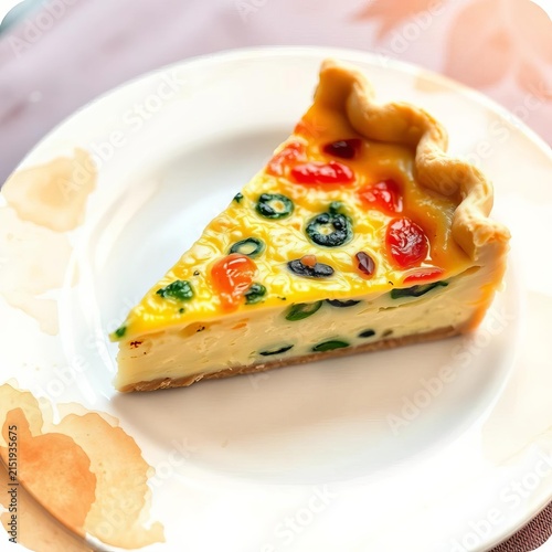 Delicate quiche slice on a porcelain plate with subtle watercolor texture, still life, white background