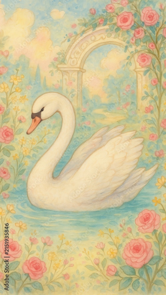 Fototapeta premium Elegant swan amidst blooming roses mobile wallpaper