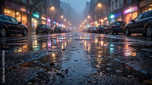 Cinematic Low Angle Street Shot at Dusk with Wet Rainy Asphalt, Warm Streetlight Puddle Reflections, Glowing Shopfronts, Parked Cars, Foggy Mist, and Deep 35mm Focus