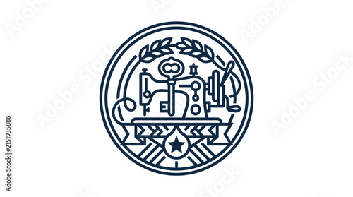 Emblematic emblem with sewing machine and key design