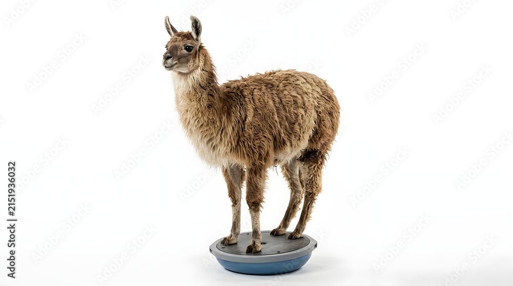 Naklejka premium Llama standing on blue object studio portrait isolated