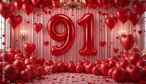 Red balloon number ninety one festive heart decor for anniversary or ninety first birthday.