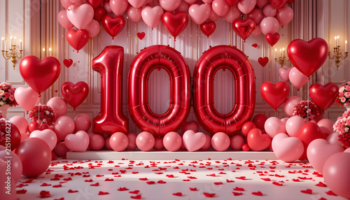 Red heart balloons 100 number shaped, festive celebration for valentines day anniversary event, romantic party decoration.