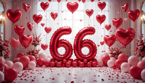 Red heart balloons and number sixty six display creates romantic luxury birthday celebration.