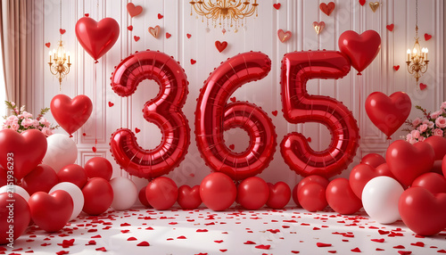 Red heart balloons 365 number shaped, festive celebration for valentines day anniversary event, romantic party decoration.
