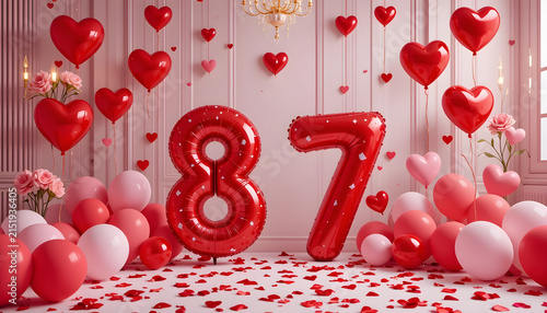 Red heart balloons float near number eighty seven for celebration decor.