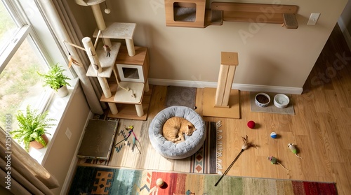 Cozy cat furniture and toys in a brightly lit room