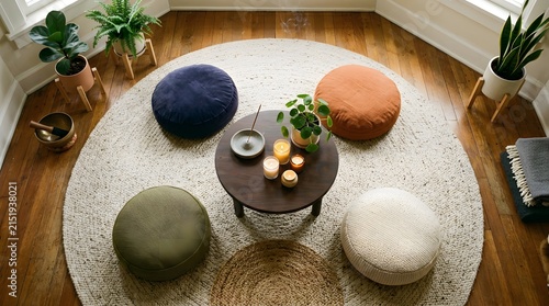 Cozy living room seating area with floor cushions and plants