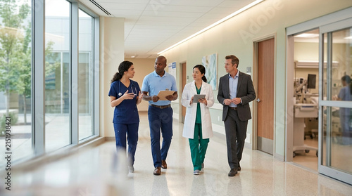 Diverse healthcare professionals and executive walking discussing in bright hospital corridor