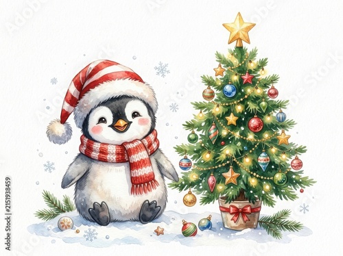 Cute cartoon penguin wearing santa hat and scarf next to decorated christmas tree isolated on white background