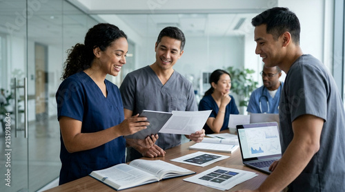 Diverse healthcare team collaborating around a table with a laptop and documents in a modern office