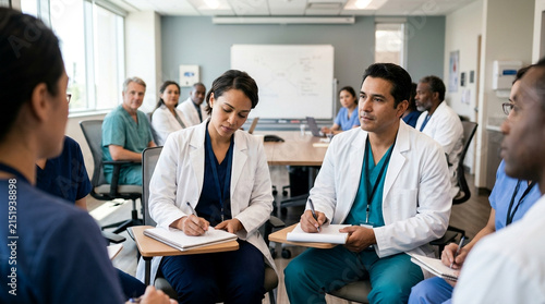 Diverse medical professionals actively participate in a healthcare seminar discussion in a bright conference room