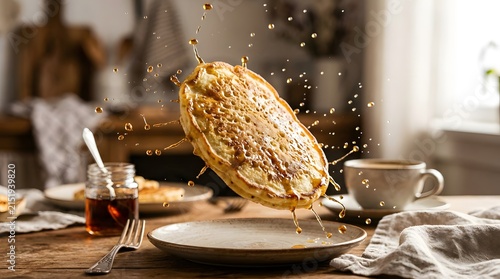 Golden pancake falling into syrup splash breakfast scene