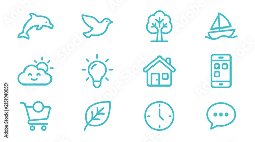 Mixed nature and utility teal line icon set.