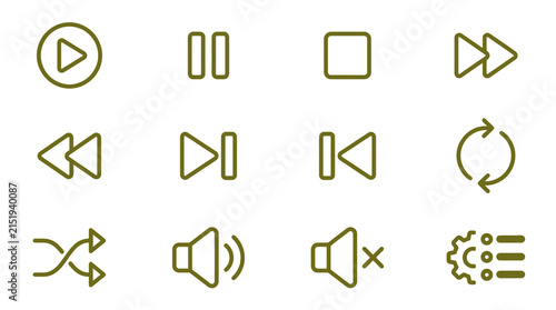 Multimedia player and playback control green line icons.
