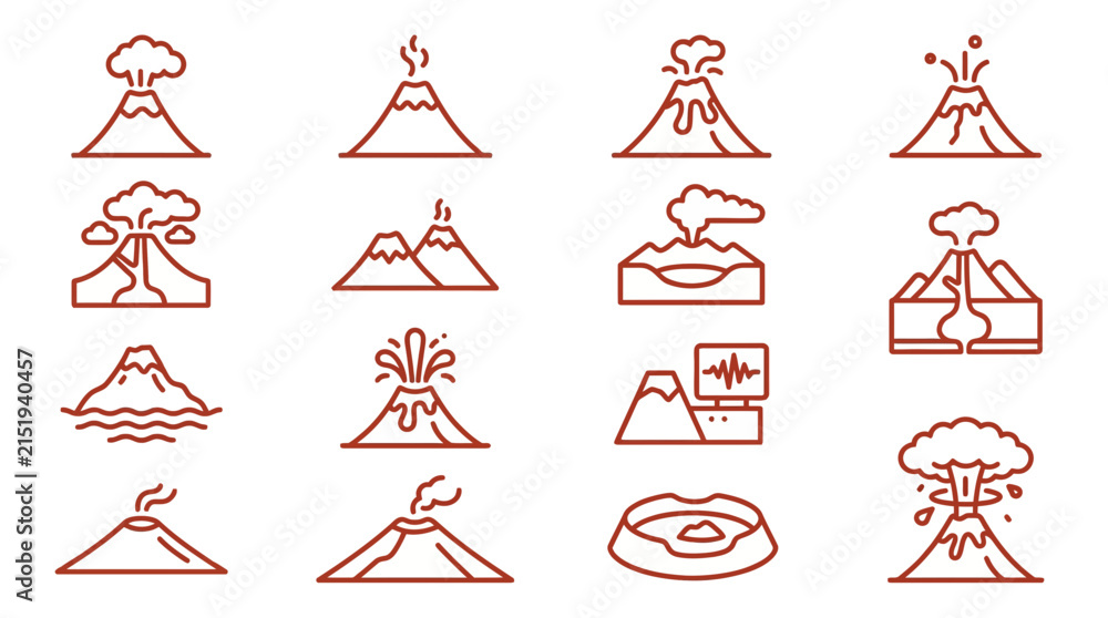 Fototapeta premium Set of brown outline volcano and seismic activity icons.