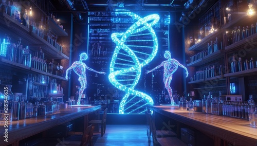 A biotech laboratory with blue neon lights, long wooden tables, and shelves filled with vials of liquid on the sides. In front is an enormous double helix model glowing in light