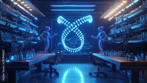 A biotech laboratory with blue neon lights, long wooden tables, and shelves filled with vials of liquid on the sides. In front is an enormous double helix model glowing in light