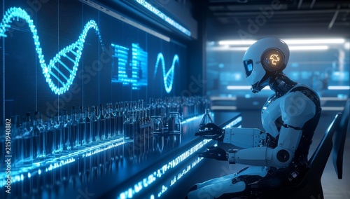 A futuristic laboratory with high-tech equipment, illuminated by blue neon lights and holographic displays showing the double helix structure of DNA on the walls
