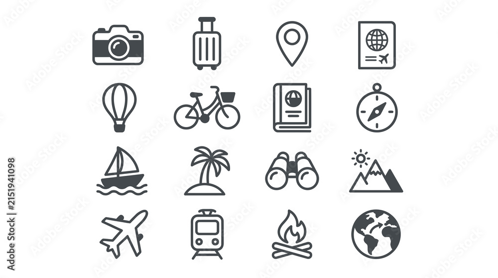 Fototapeta premium Black solid travel and vacation icon set.