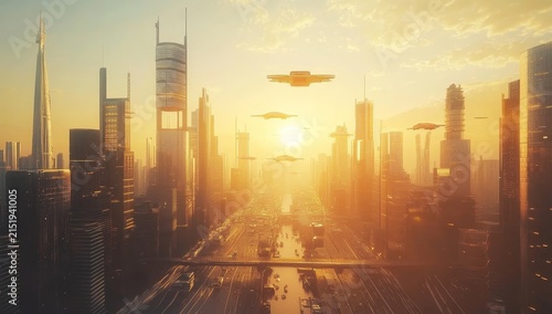 Futuristic cityscape with flying cars and skyscrapers, set against the backdrop of an open sky. The scene is bathed in golden sunlight, creating long shadows that accentuate futuristic elements