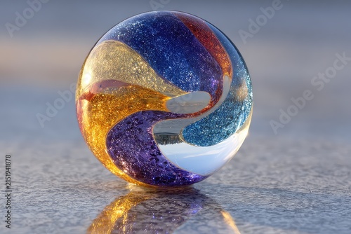 Single glass marble on reflective surface