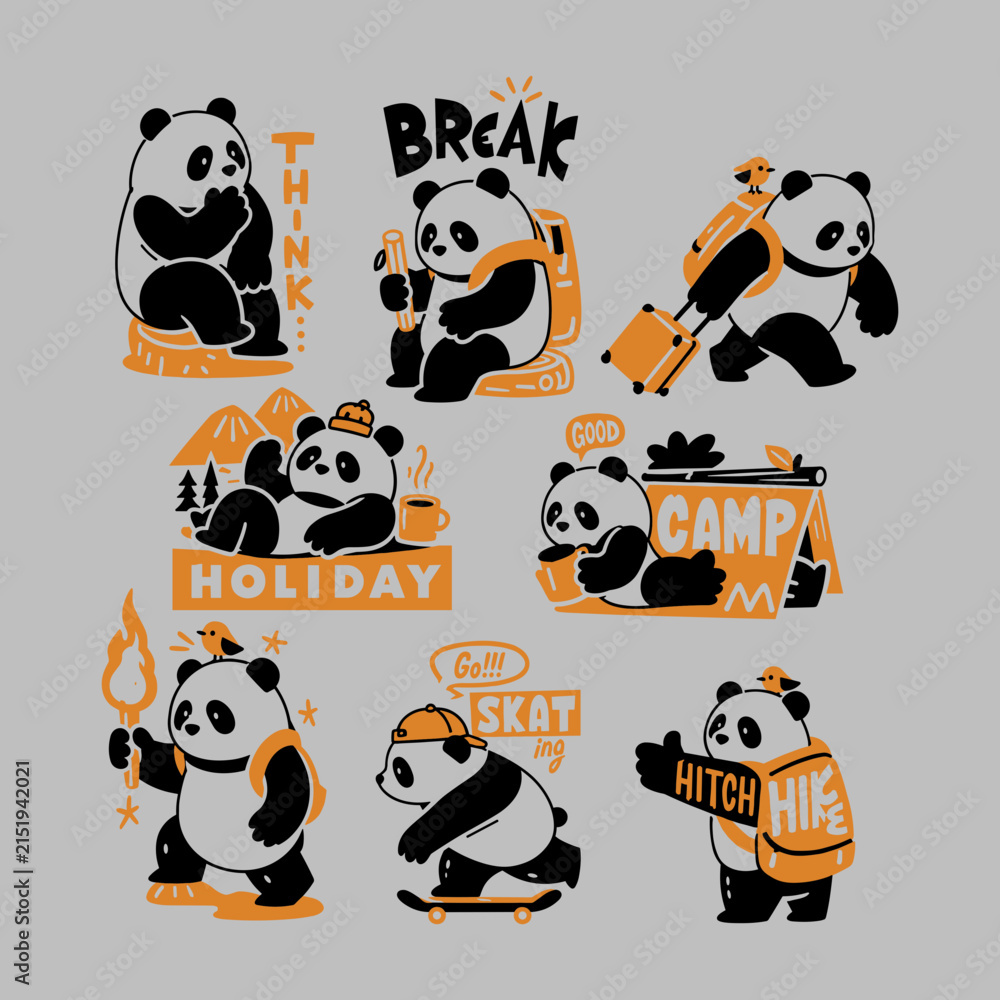 Obraz premium Cute Panda Adventure Collection, Flat Cartoon Animal Travel and Camping Sticker Set