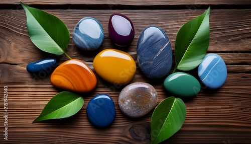 Close Up Of Polished Rounded Stones Of Various Colors Nestled Among Vibrant Green Leaves On A Weathered Wooden Surface