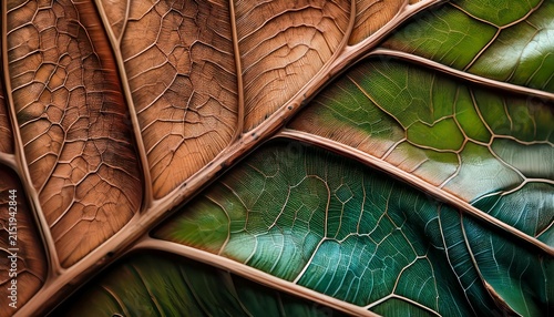 Detailed Close Up Of A Large Leaf Losing Its Color Showing A Blend Of Vibrant Emerald Fading Into Brittle Brown Veins And Dried Edges Ecology Natural Old
