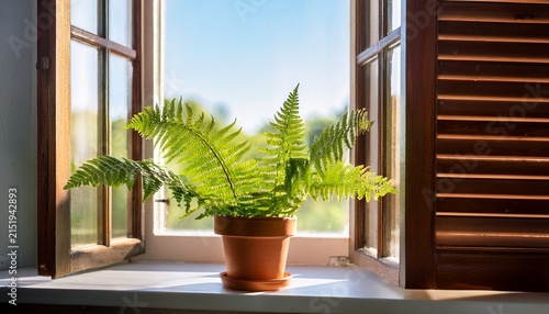 Green Fern Plant In A Terracotta Pot On A Sunny Windowsill With Open Window
