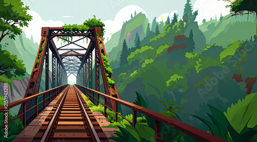 Old Railroad Steel Bridge Flat Illustration in Lush Mountain Forest Landscape