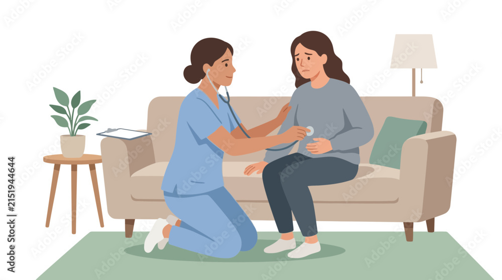 Obraz premium Nurse examining pregnant woman with stethoscope on sofa