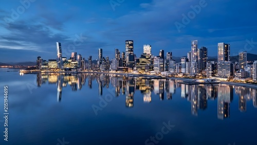 Ultra Realistic Coastal Panorama at Blue Hour with Glowing Sleek Skyscrapers, Pristine Mirror Water Reflection on Calm Bay, and Sharp Architectural Details