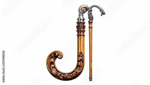 Ornate Wooden Cane Hook with Intricate Carvings and Metal Handle