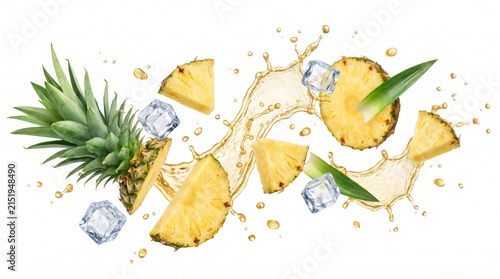 Pineapple chunks and sharp leaf segments are suspended in a gold liquid splash with cooling ice blocks against a clean background.