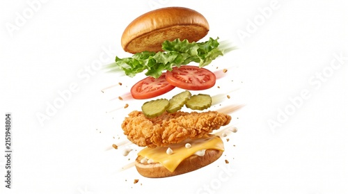 Hamburger ingredients float in a gravity-defying composition against a clean white background.