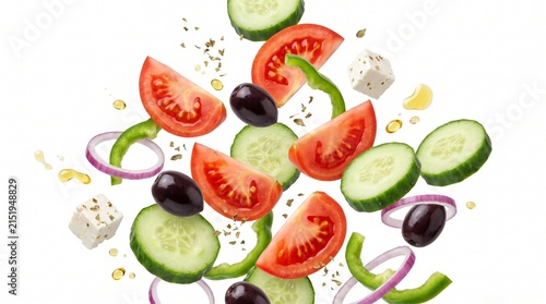Greek salad ingredients including tomatoes, cucumbers, olives, and feta cheese cubes drift in the air for a fresh Mediterranean culinary display.