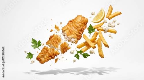 Fish and chips with lemon wedges and herbs fly through the air to highlight a classic fried seafood meal on a plain white backdrop.