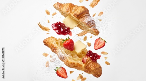 Croissants with butter and fresh strawberries float mid-air against a clean white background to showcase delicious breakfast pastry ingredients.