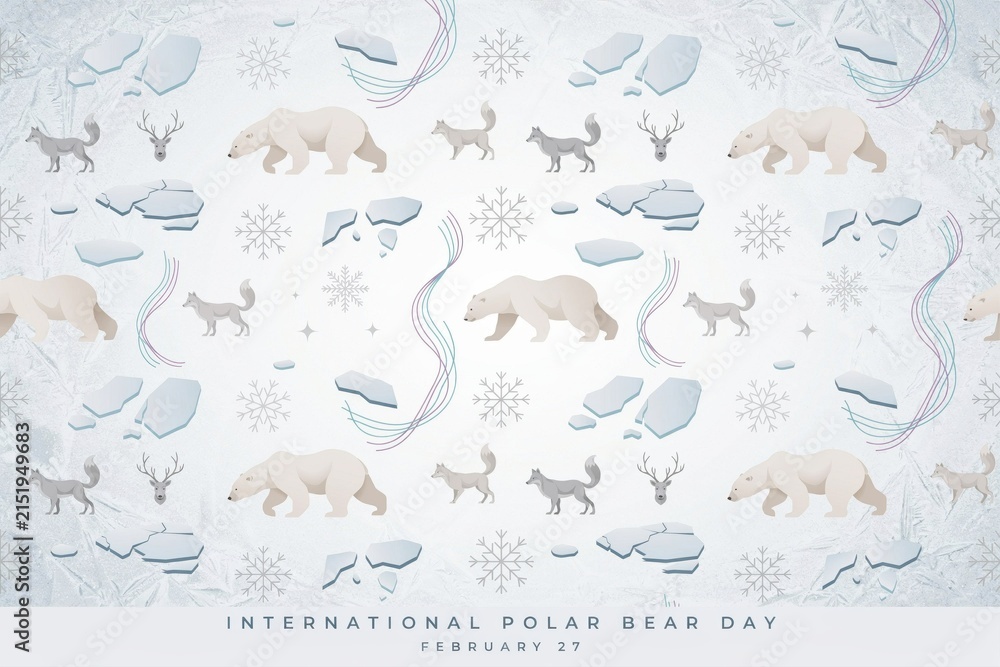 Fototapeta premium International polar bear day pattern with white bears, arctic foxes, reindeer, snowflakes, and ice floes on a light blue winter background
