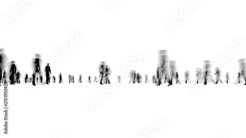 Crowd of blur people walking on white bg 4k