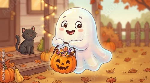 Cute cartoon ghost holding jack o lantern with candies on porch steps