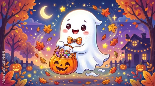 Cute cartoon ghost holding jack o lantern with candy during halloween night