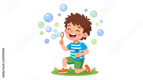 Life skills for kids learning happiness through playing with soap bubbles outdoors