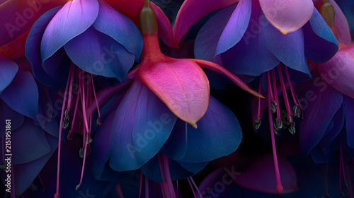 Vibrant fuchsia blossoms showcasing intricate petal structures with deep blue and pink gradient color tones with flowers with flowers