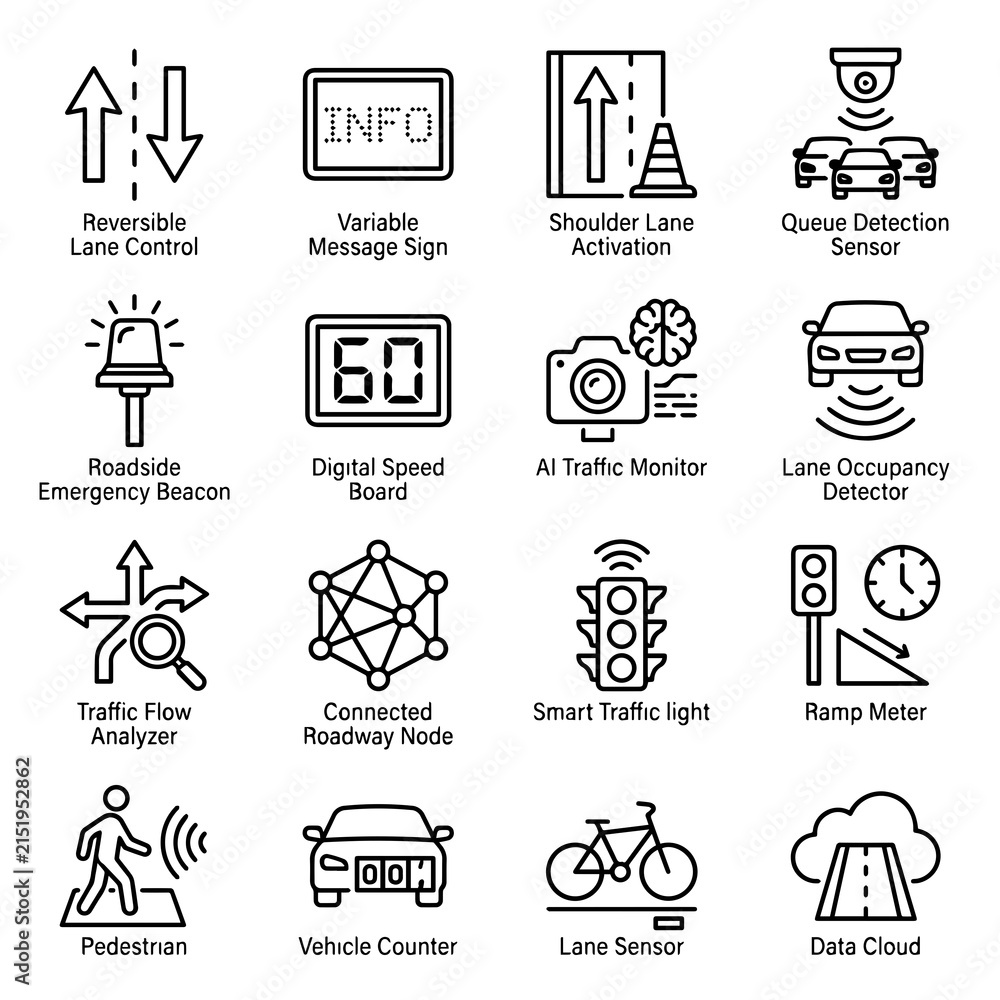 Fototapeta premium Sixteen black and white line depicting smart transportation and intelligent road infrastructure monitoring and management technologies
